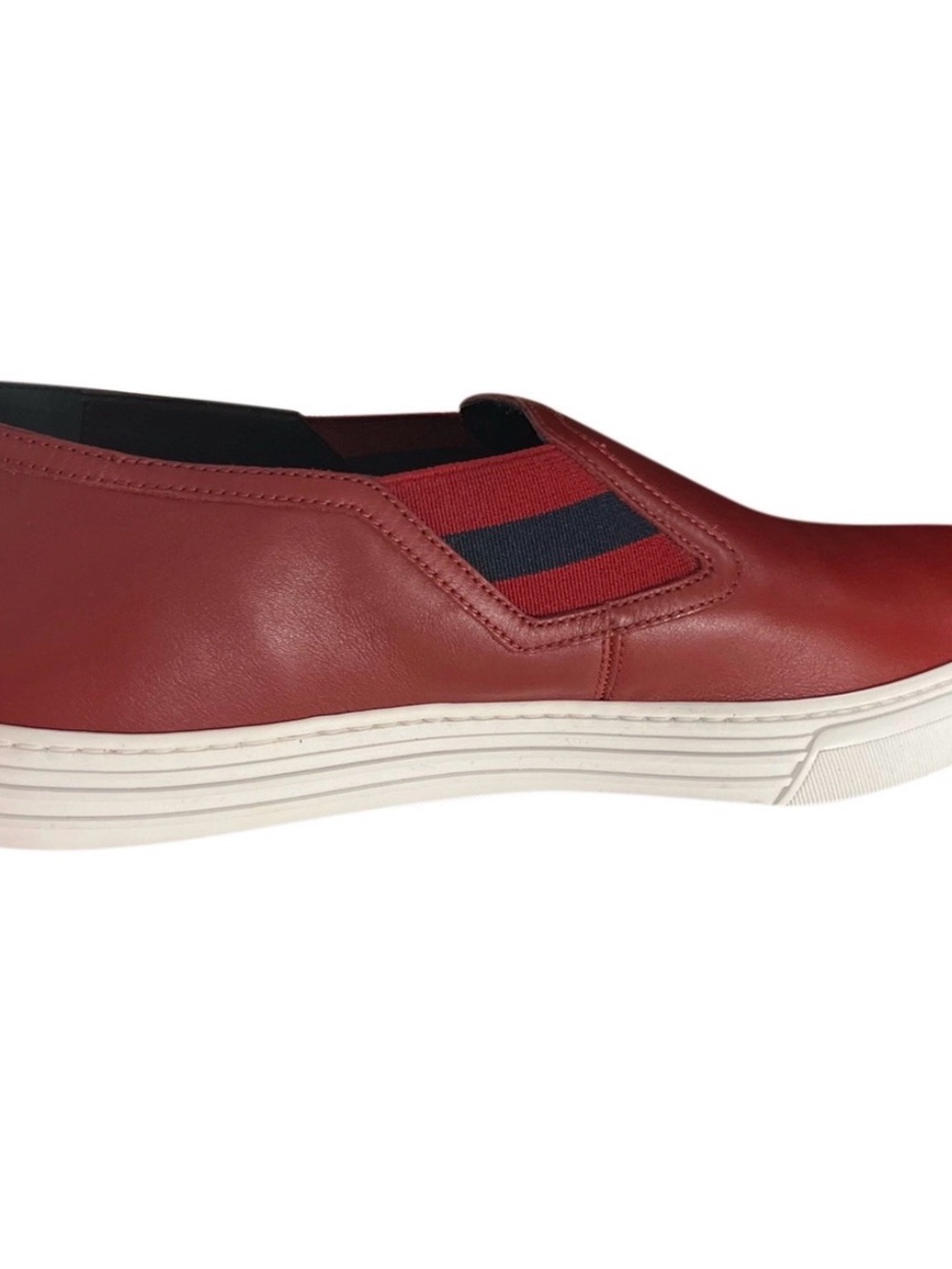 Gucci Red Leather Slip-On Sneaker with Navy Stripe